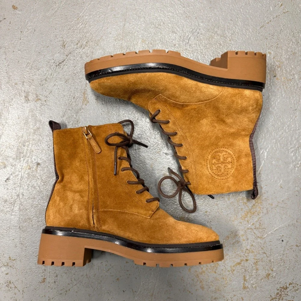 Tory Burch Miller Combat Boots Tan Suede Lug Sole Side Zip 9.5M‎